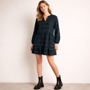 LOFT Green & Navy Plaid Long Sleeve Mini Dress w/ Subtle Silver Thread